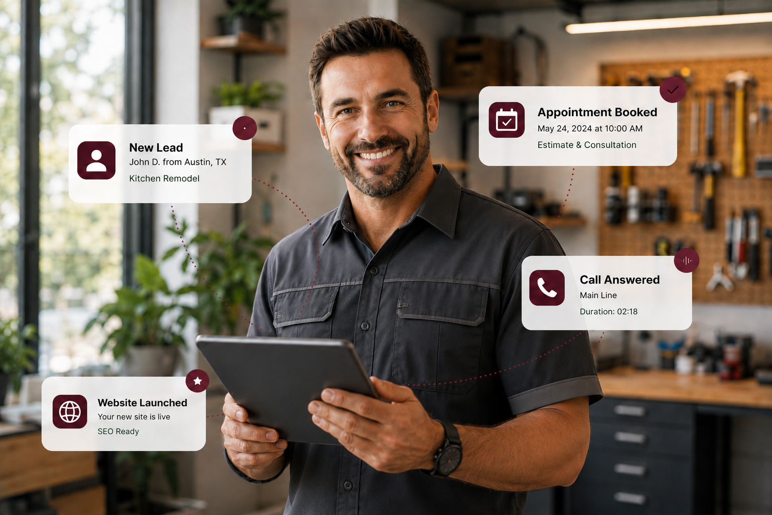 Sample HomeJob365 customer growth dashboard showing website visitors, leads, booked jobs, revenue, lead sources, call answer rate, and recent activity